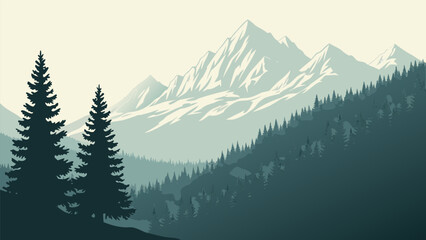 Fototapeta premium Serene vector illustration of majestic snow-capped mountains and evergreen forests in a tranquil, layered landscape