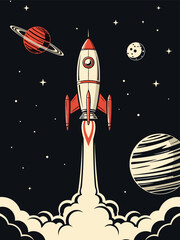 Powerful vintage space rocket launching into the cosmos, surrounded by stylized planets and stars, symbolizing cosmic exploration and adventurous interstellar travel © Purnomo