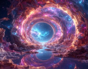Portal-like opening with reflections in a cosmic, colorful environment