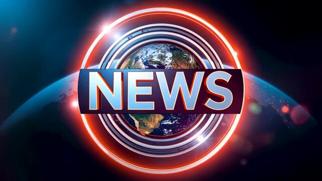 Bright circular news logo with glowing rings around earth graphic on dark background