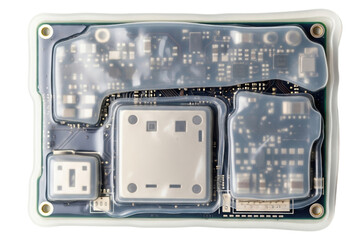 Electronic circuit board covered in protective silicone isolated with transparent background