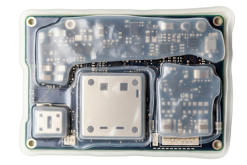 Electronic circuit board covered in protective silicone isolated with transparent background