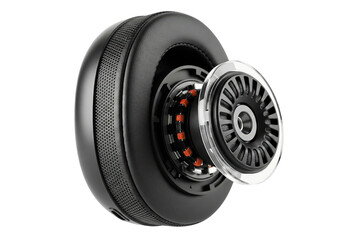 Deconstructed headphone ear cup showing internal parts isolated with transparent background