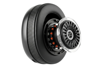 Deconstructed headphone ear cup showing internal parts isolated with transparent background