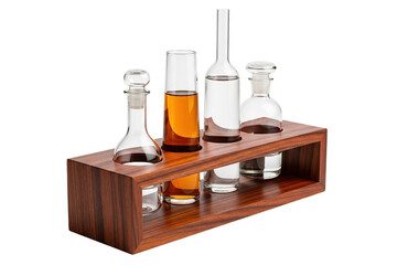 Wooden rack holding four glass bottles for oil and vinegar isolated with transparent background