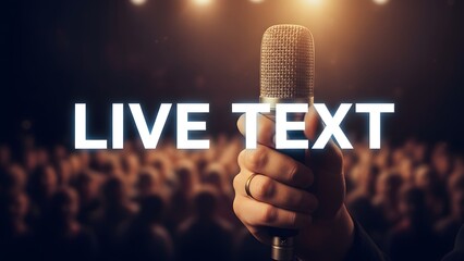 Hand holding microphone with live text overlay.
