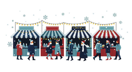 People enjoying a festive winter market scene.