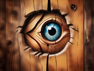 close up of a wooden door with a hole in it. concept of evil eyl. halloween and horror.