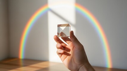 Hand holding prism with rainbow reflection.