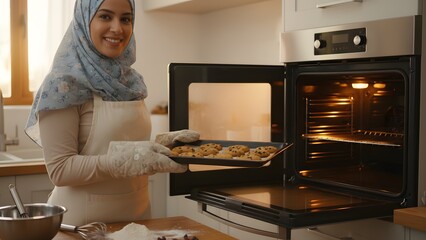 Woman in Hijab Baking in Modern Kitchen.