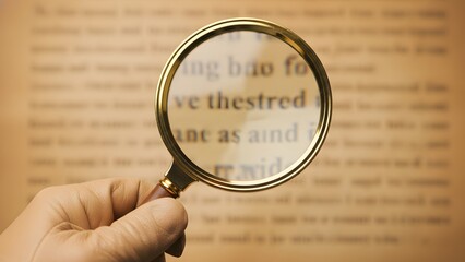 Hand holding magnifying glass over text.