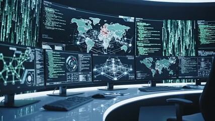 Cyber security control room with multiple screens displaying global maps, data, and code - Powered by Adobe
