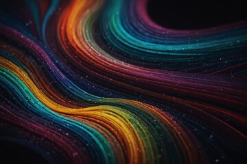 Colorful lines create an abstract design that flows and bends across a dark surface. The patterns appear to move and blend together in a fluid way.