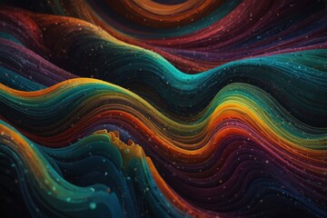 Bright colors create a flowing texture that moves in waves across a dark surface. The layers twist and turn, creating depth and motion within the design.