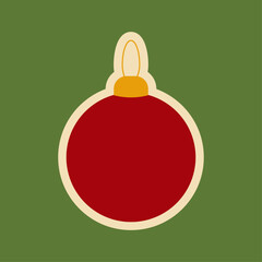 Red Christmas tree ball with a white outline on a green background. New Year's stickers. Vector illustration. Festive bright background. Christmas sticker.