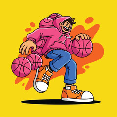 Dynamic Basketball Player Character with Multiple Balls Vector
