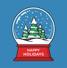 Happy Holidays Snow Globe Vector Illustration with Pine Trees