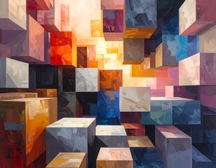 Abstract perspective of colorful, floating cubic structures