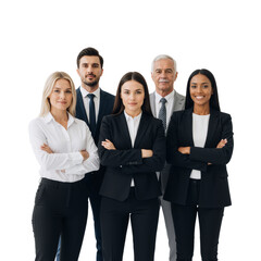 Diverse Leadership Team of Five in Sharp Suits Poses with Crossed Arms Against White Background &mdash; Black Blazers, White Shirts, Confident Stances &mdash; Exuding Authority, Unity, and Trusted Collaboration i