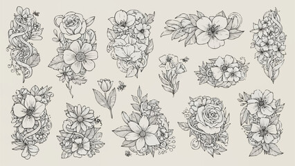 Collection of Delicate Hand-Drawn Floral Illustrations in Sketch Style.