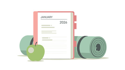 A planner for January 2026, a rolled yoga mat, and a green apple symbolizing new year resolutions and healthy lifestyle.