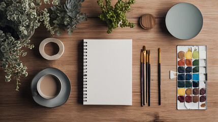 Creative Studio Composition: An overhead shot of an artist's workspace showcases a blank notebook surrounded by art supplies, offering a serene scene of inspiration and creativity.