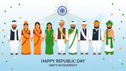 Diverse Indian people in traditional attire celebrating unity vector illustration for Republic Day and cultural concepts representing diversity and harmony