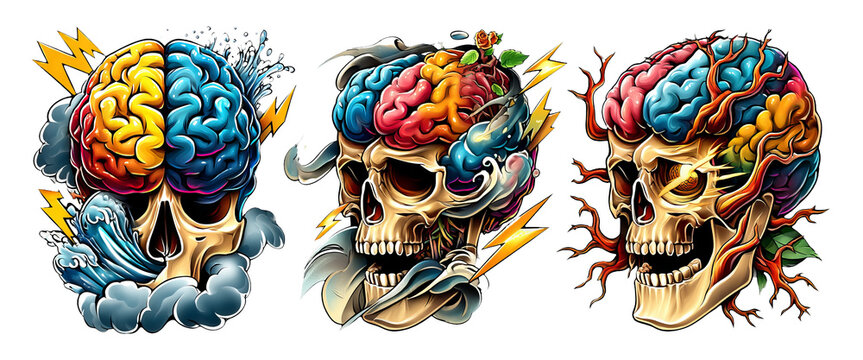 Dark Concept Art of Skull with Colorful Brain and Organic Elements in Horror Style