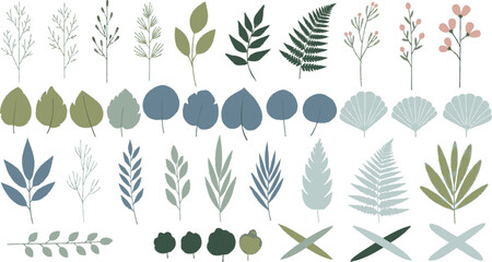 Diverse Collection of Botanical Elements and Leaf Designs in Various Shades of Green and Blue. © NeoVector