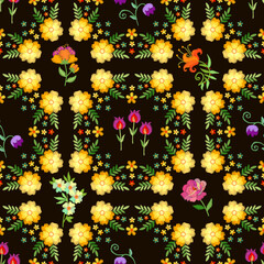 Spring floral embroidery. Beautiful embroidered flowers on a black background. Luxurious seamless print for fabric.