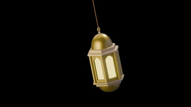 3D golden islamic lantern animation swinging gently, hanging transparent background. alpha channel. Ramadan and Islamic concept.