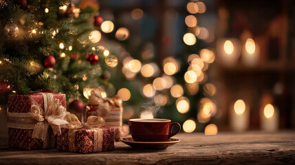 Hot Drink with Christmas Gifts and Tree Lights in Festive Atmosphere