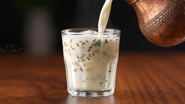 White liquid poured into glass with seeds and herbs from a patterned copper jug on wood