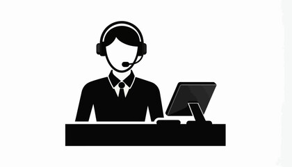 Professional customer support agent wearing a headset, providing online assistance and helpdesk service with a computer icon