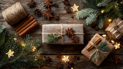Eco-Friendly Christmas Wrapping with Pine, Cinnamon and Star Anise Flat Lay