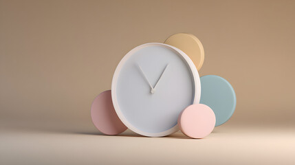 Contemporary Timepiece: A modern clock with a minimalist design, surrounded by pastel-colored circles, creating a clean and aesthetically pleasing composition. 