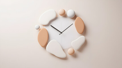 Modern Time Measurement: A creative clock design with a minimalist aesthetic, featuring a white face adorned with organic shapes, representing the passage of time.