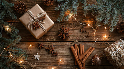 Rustic Holiday Gift Wrapping with Pine Branches and Cinnamon on Wooden Table