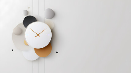 Modern Timepiece Composition: A minimalist and elegant wall clock, its clean design enhanced by a harmonious arrangement of geometric shapes and textures, embodies the essence of refined timekeeping.