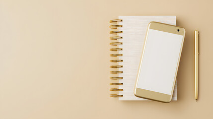 Organized Workspace: A modern workplace setup featuring a golden pen, a notepad, and a smartphone, all arranged against a minimalistic background.