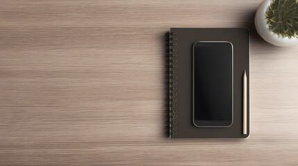 Workspace Essentials: A modern office desk setup, featuring a smartphone, notebook, and pen. The clean aesthetic of this workspace conveys productivity and organization.