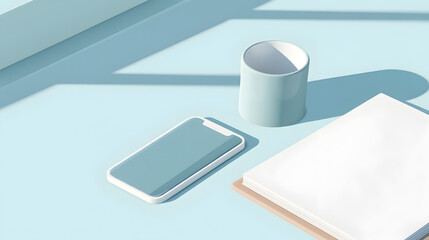 Digital Still Life: A minimalist digital scene showcases a smartphone, a stylish mug, and a crisp notebook, all bathed in soft, natural light, creating a sense of calm and modern elegance.