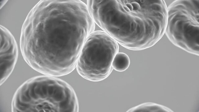 Microscopic view of numerous grey, translucent cells or spherical particles in fluid