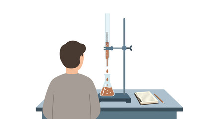 Student performing a titration experiment in a chemistry laboratory.