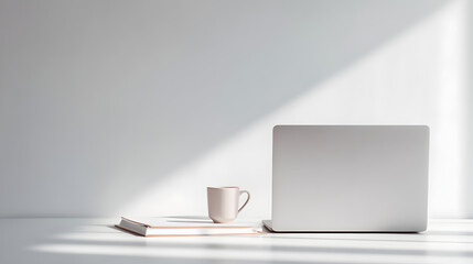 Serene Workspace Still Life: Minimalist composition showcasing a laptop, book, and coffee mug, bathed in soft, natural light, symbolizing productivity and focus.