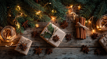 Rustic Christmas Gift Wrapping with Pine Branches, Cinnamon, and Star Anise