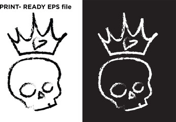 Hand Drawn Skull with Crown Doodle – Grunge Black and White Sketch Vector Illustration