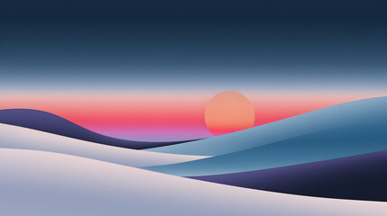 Sunset over the rolling landscape: A minimalist abstract view of a sunset, with a vibrant orange sun sinking below stylized, undulating layers of land, sky and water.
