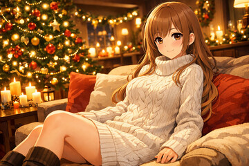 クリスマスの部屋でくつろぐアニメ風の美少女 ニットワンピースが可愛い温かい冬のイラスト
