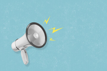 A modern art collage featuring a megaphone on a blue background. A concept for publicity and...